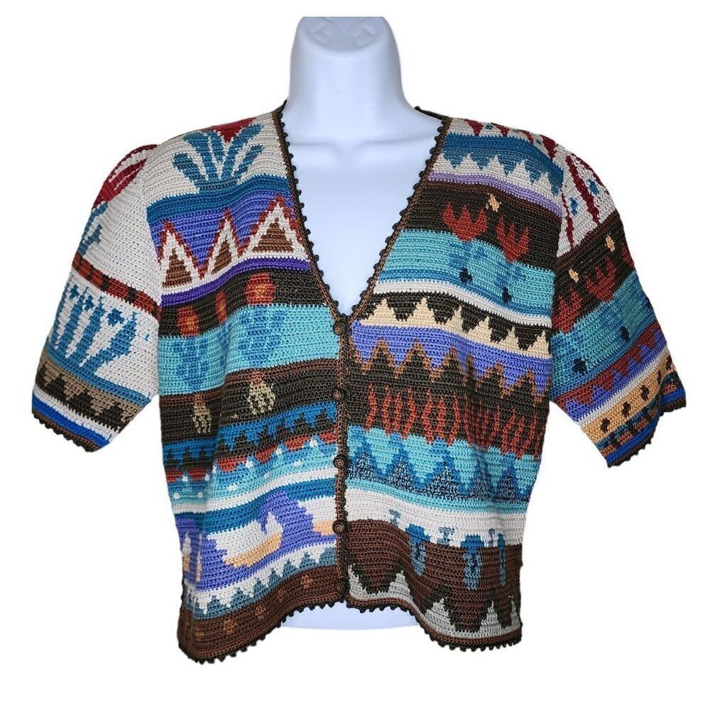 Vintage 90s Peruvian Connection Boho Short Sleeve Sweater Womens M Blue Aztec NE